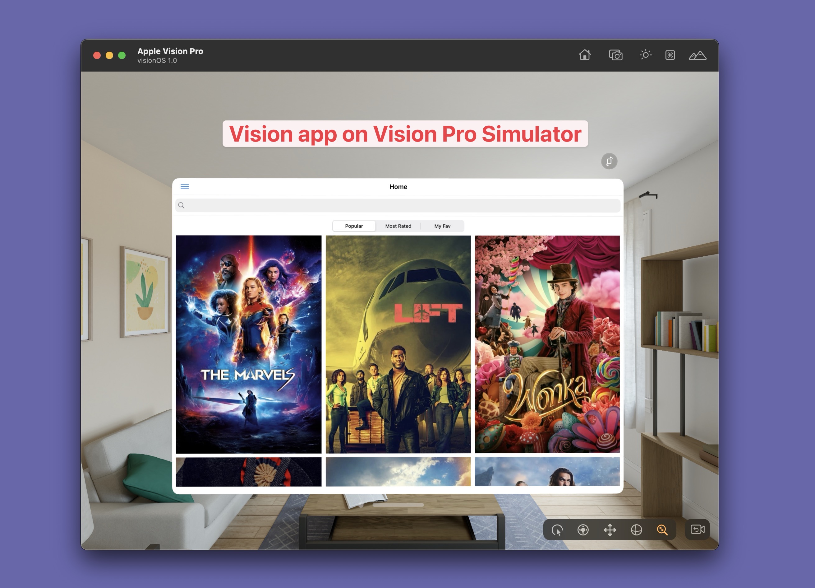 Movie app on Vision Pro simulator